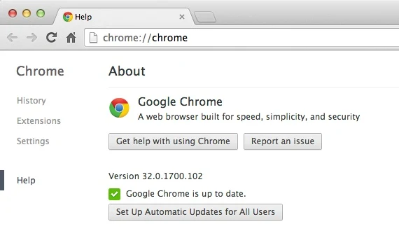Pantalla de chrome://chrome mostrando Chrome 32.0.1700.102, artículo original de 2014