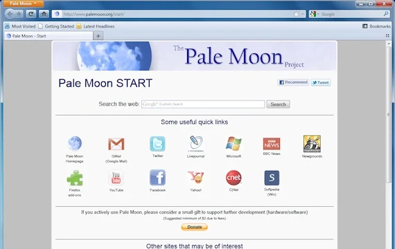 Página de inicio de Pale Moon, artículo original de 2014